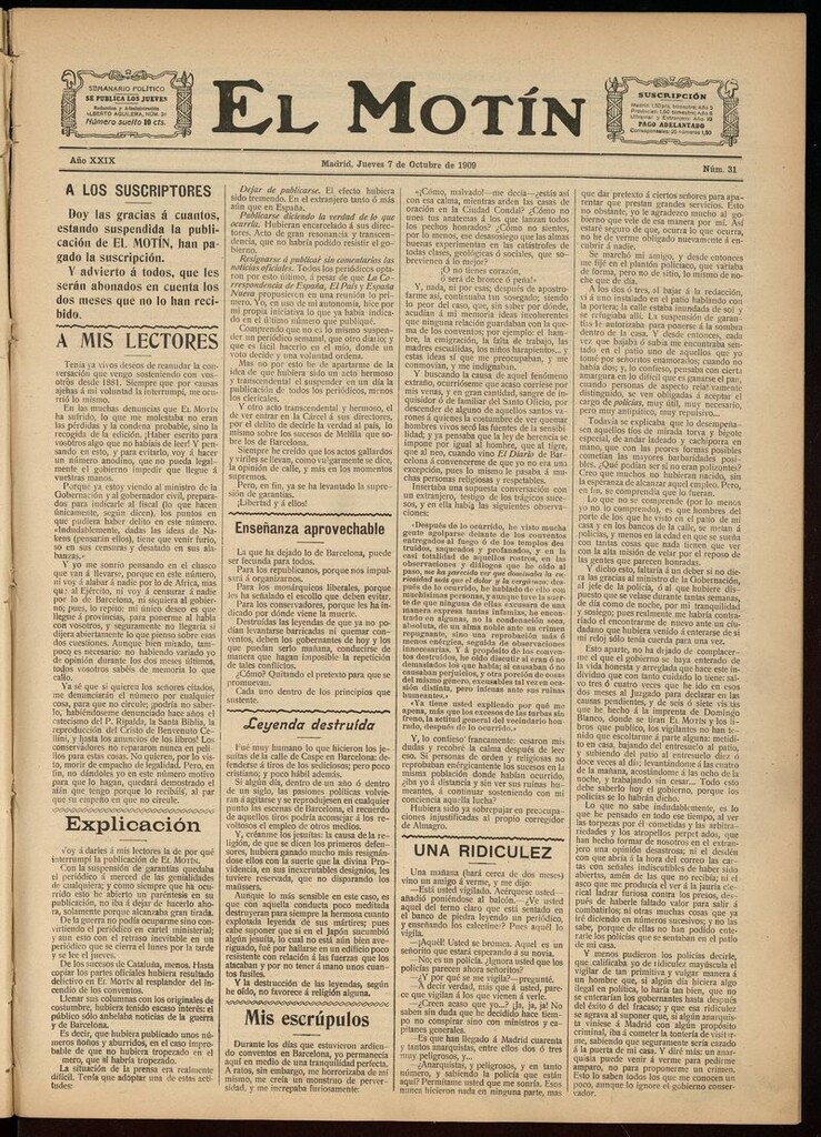 Miniatura de El Motín: periódico satírico semanal del 7 de Octubre de 1909