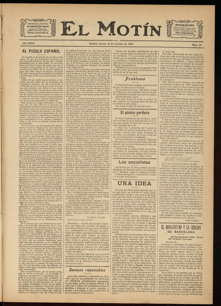 Miniatura de El Motín: periódico satírico semanal del 14 de Octubre de 1909