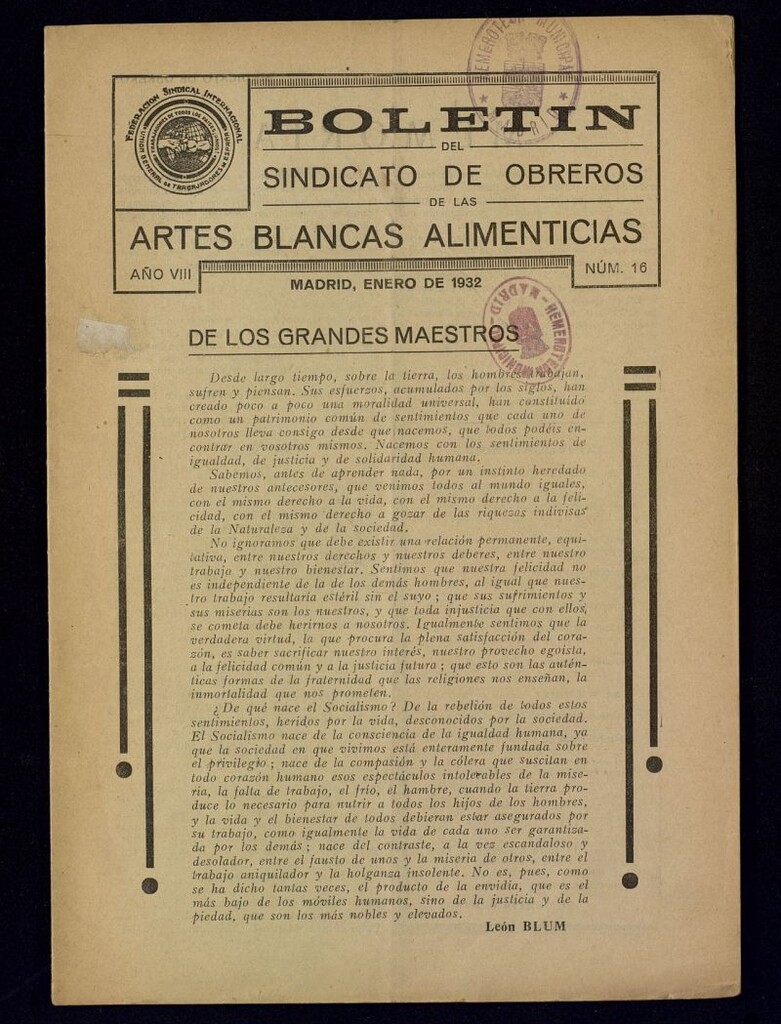 Miniatura de Boletín del Sindicato de Obreros de las Artes Blancas Alimenticias de enero de 1932