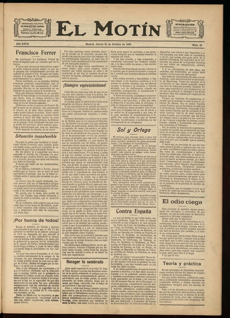 Miniatura de El Motín: periódico satírico semanal del 21 de Octubre de 1909
