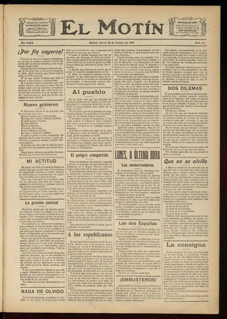 Miniatura de El Motín: periódico satírico semanal del 28 de Octubre de 1909