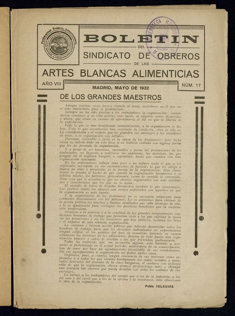 Miniatura de Boletín del Sindicato de Obreros de las Artes Blancas Alimenticias de mayo de 1932