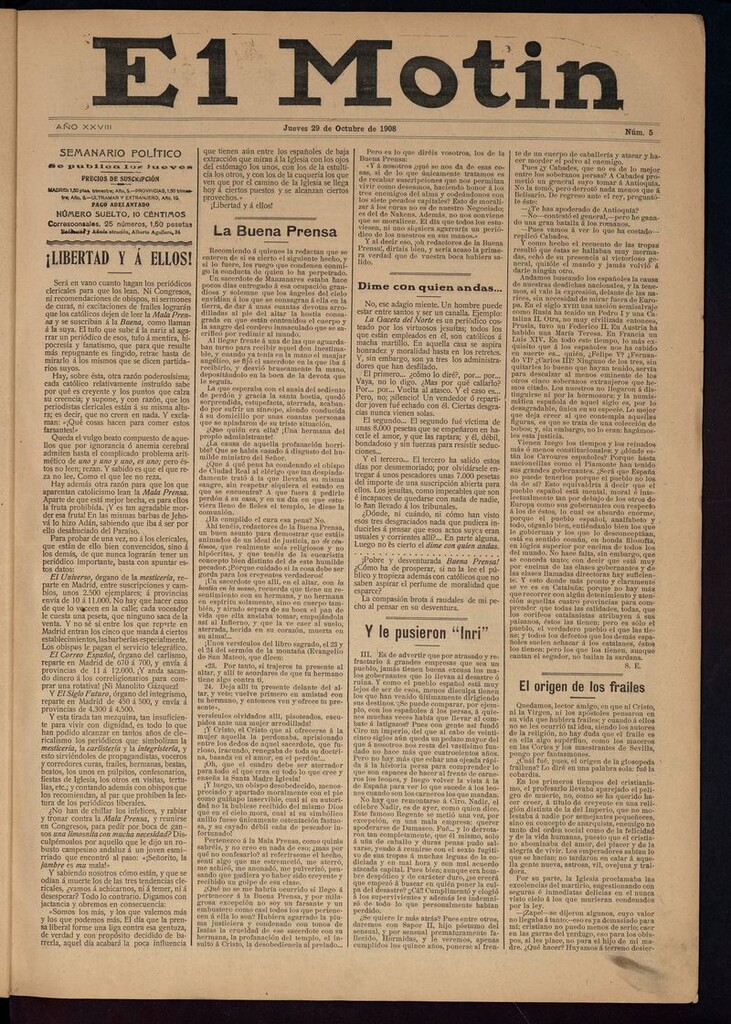 Miniatura de El Motín: periódico satírico semanal 29 de Octubre de 1908