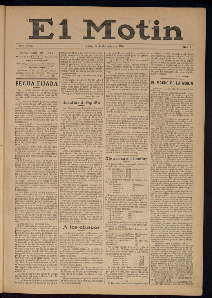 Miniatura de El Motín: periódico satírico semanal 19 de Noviembre de 1908