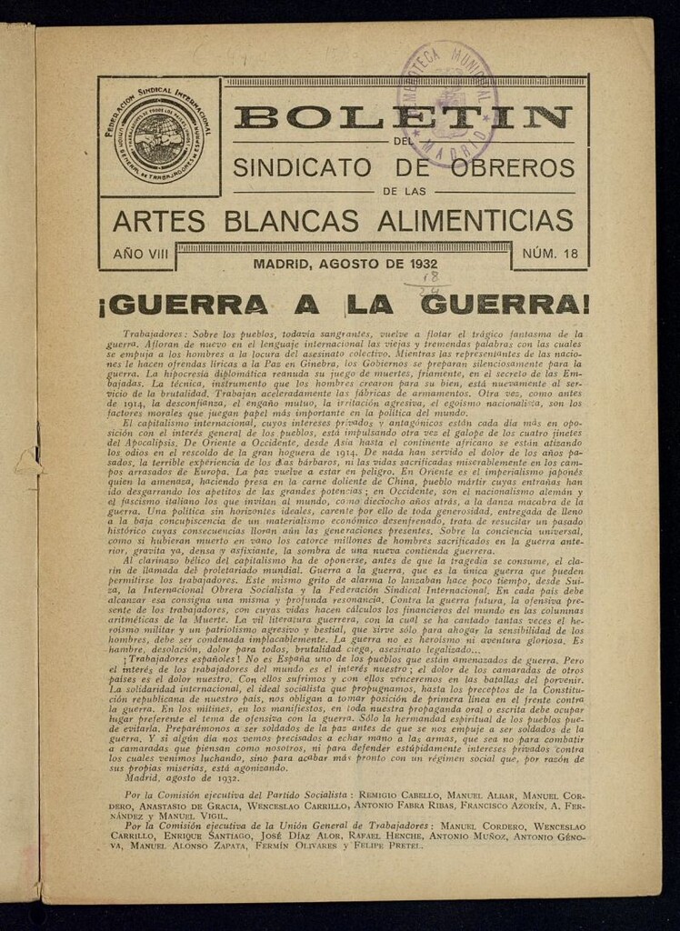 Miniatura de Boletín del Sindicato de Obreros de las Artes Blancas Alimenticias de agosto de 1932