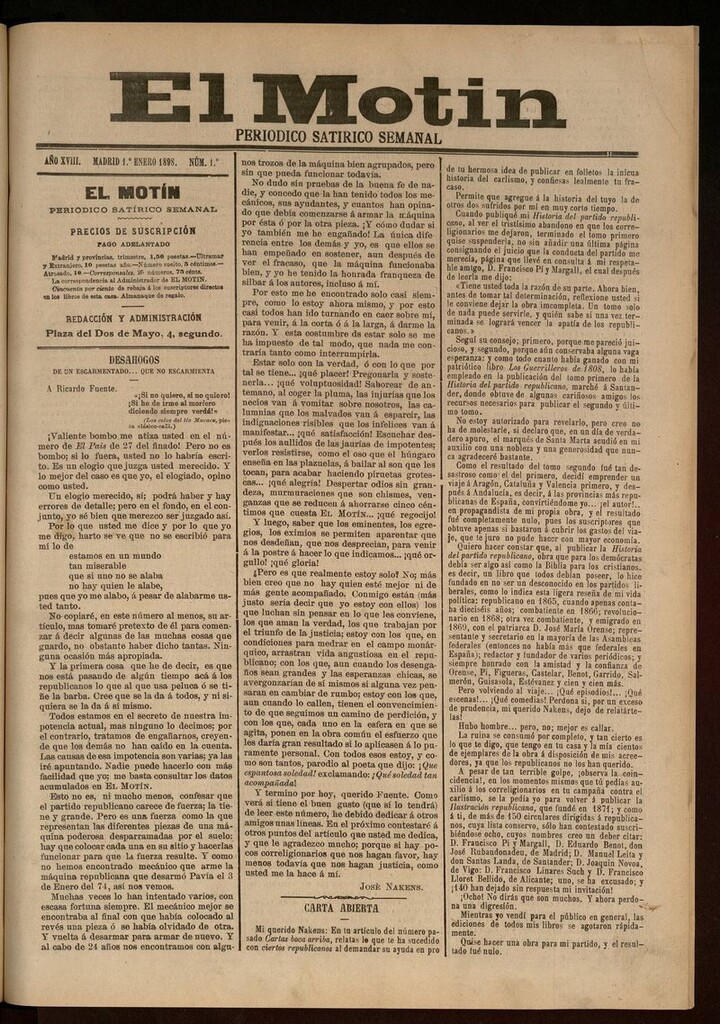 Miniatura de El Motín: periódico satírico semanal 1 de Enero de 1898