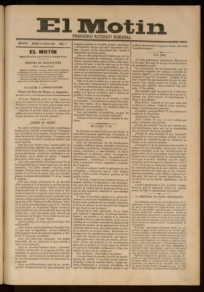 Miniatura de El Motín: periódico satírico semanal 15 de Enero de 1898