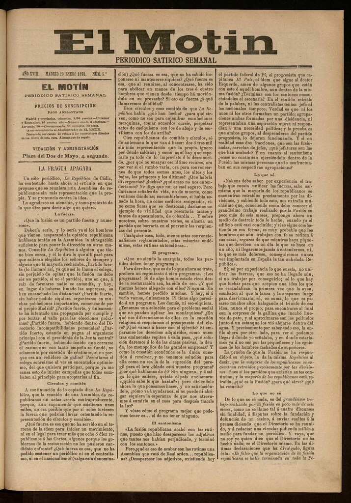 Miniatura de El Motín: periódico satírico semanal 29 de Enero de 1898