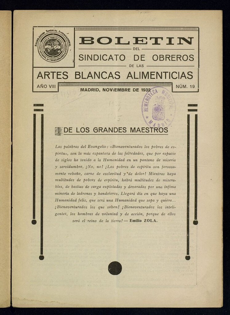 Miniatura de Boletín del Sindicato de Obreros de las Artes Blancas Alimenticias  de noviembre de 1932