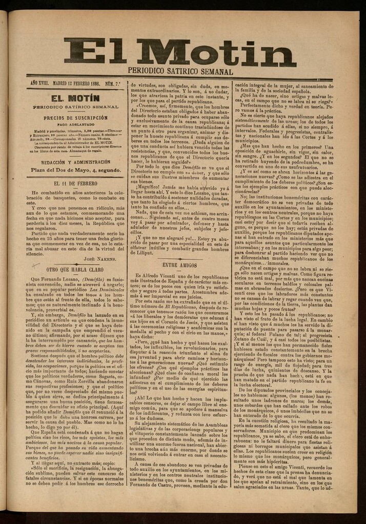 Miniatura de El Motín: periódico satírico semanal 12 de Febrero de 1898