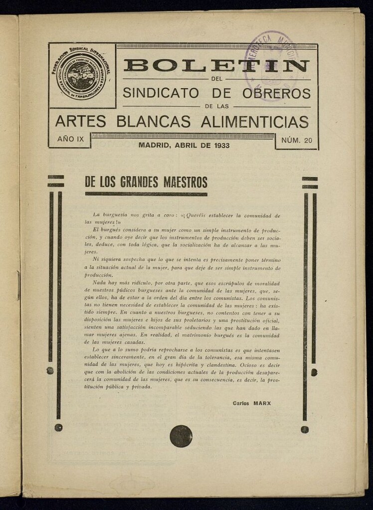 Miniatura de Boletín del Sindicato de Obreros de las Artes Blancas Alimenticias de abril de 1933