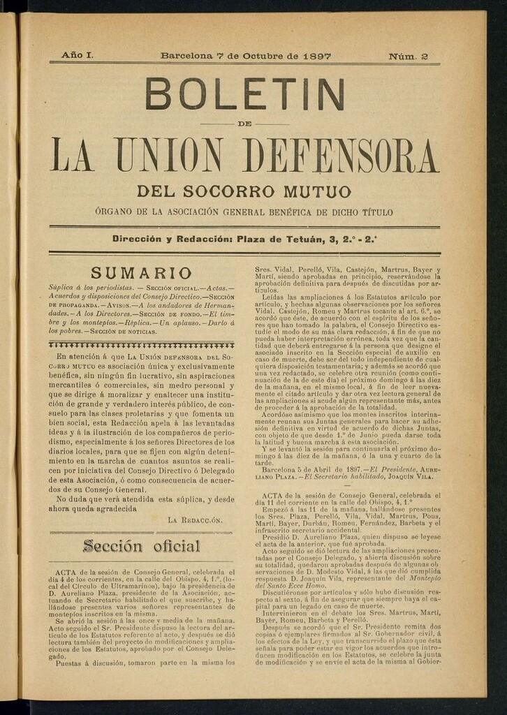 Miniatura de Boletín de la Unión Defensora del Socorro Mutuo del 7 de octubre de 1897
