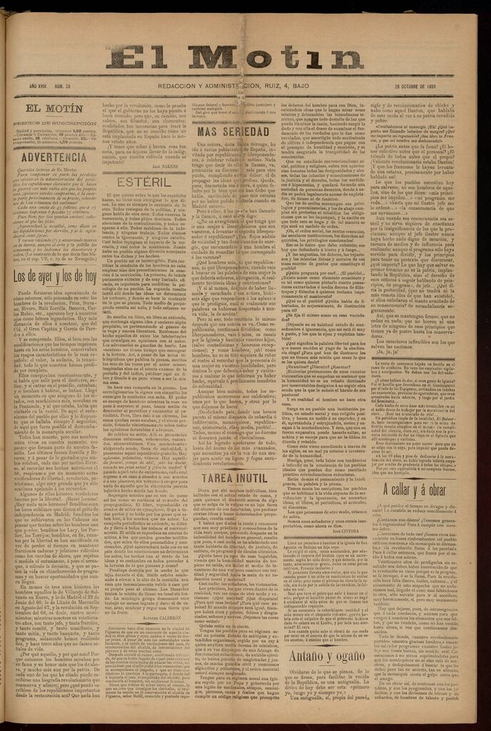 Miniatura de El Motín: periódico satírico semanal 28 de octubre de 1899