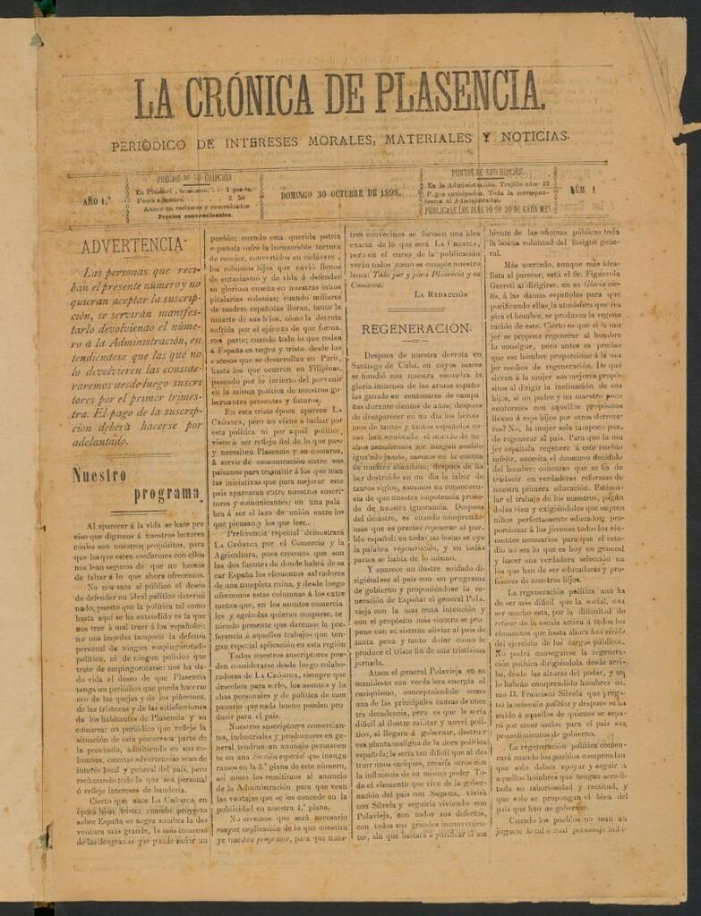 Miniatura de La Crónica de Plasencia : periódico de intereses morales, materiales y noticias del 30 de octubre de 1898