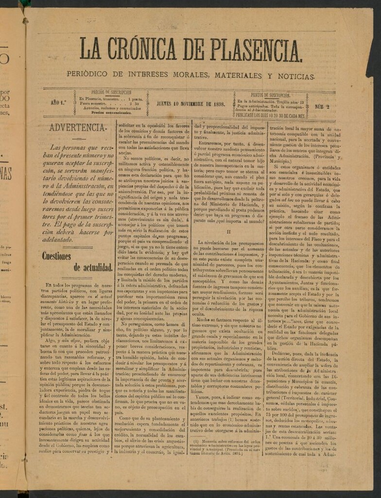 Miniatura de La Crónica de Plasencia : periódico de intereses morales, materiales y noticias del 10 de noviembre de 1898