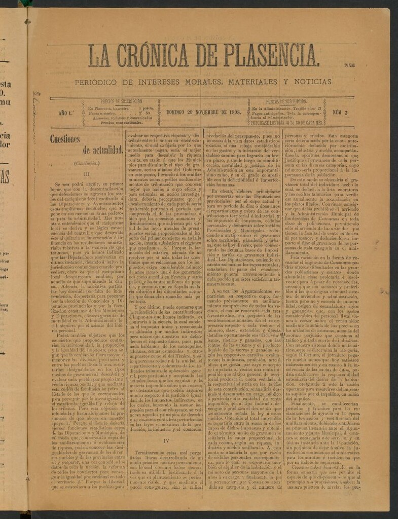 Miniatura de La Crónica de Plasencia : periódico de intereses morales, materiales y noticias del 20 de noviembre de 1898