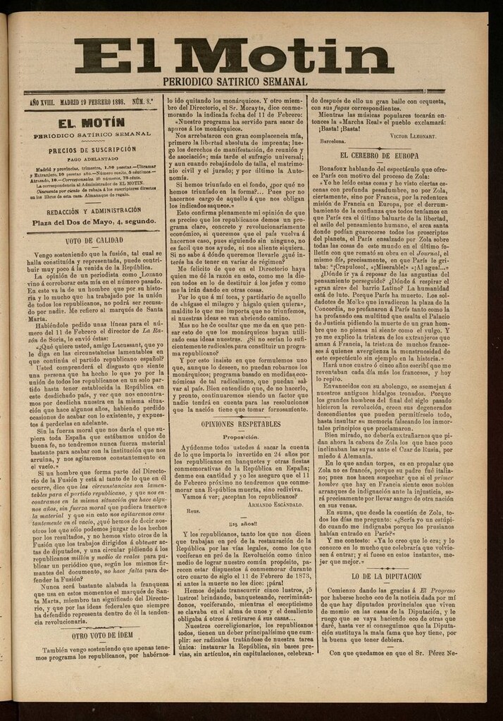 Miniatura de El Motín: periódico satírico semanal 19 de Febrero de 1898