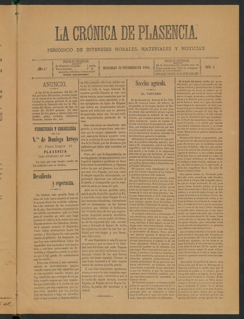 Miniatura de La Crónica de Plasencia : periódico de intereses morales, materiales y noticias del 30 de noviembre de 1898