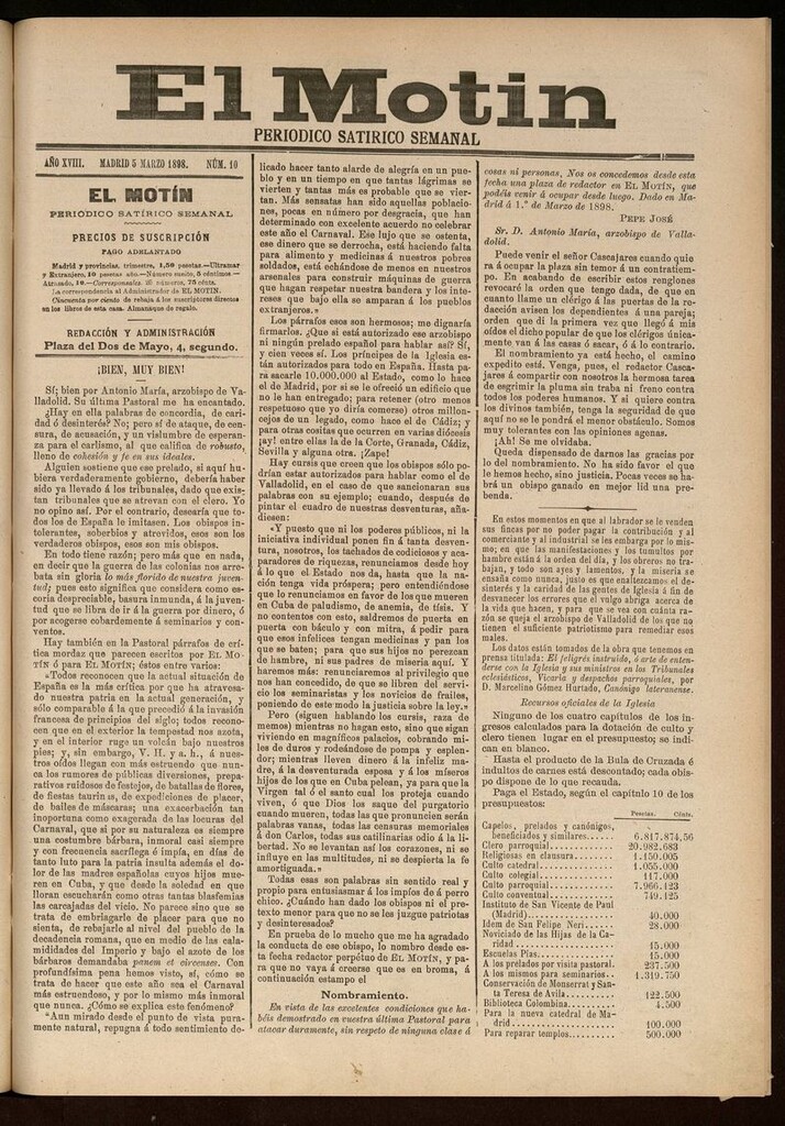 Miniatura de El Motín: periódico satírico semanal 5 de Marzo de 1898