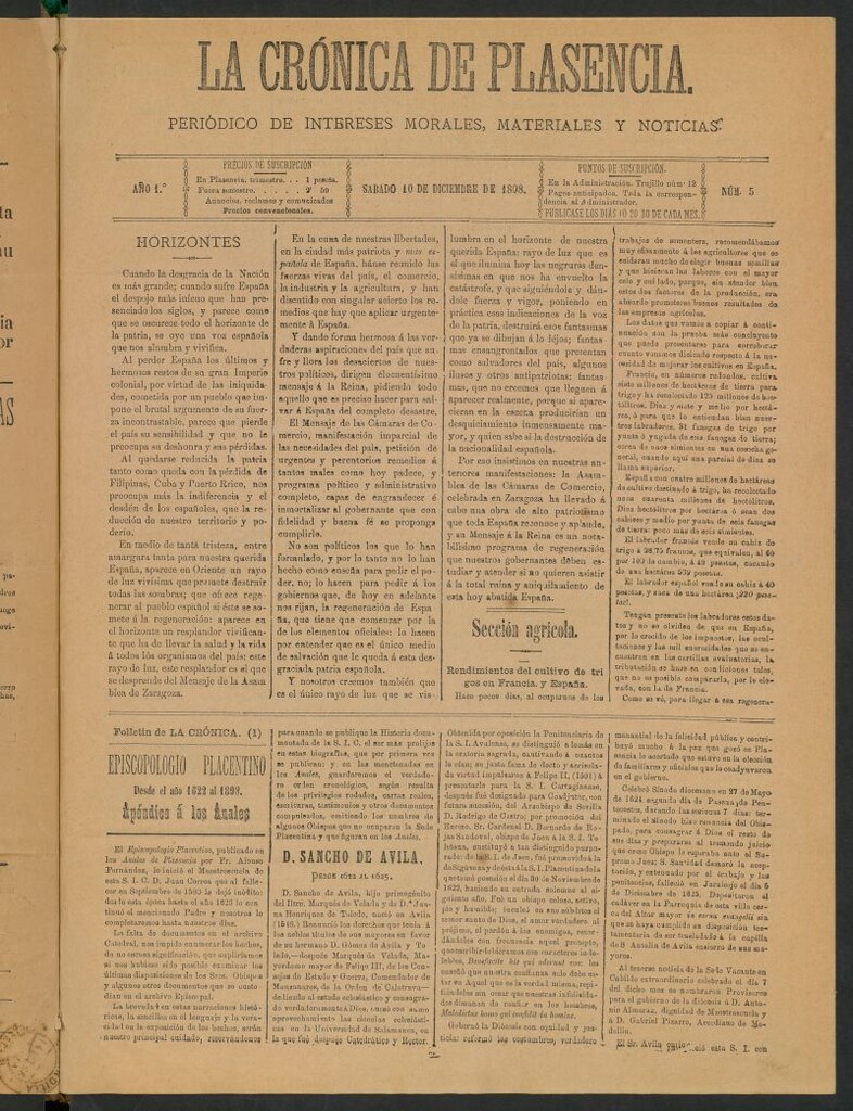 Miniatura de La Crónica de Plasencia : periódico de intereses morales, materiales y noticias del 10 de diciembre de 1898