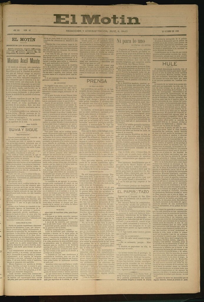 Miniatura de El Motín: periódico satírico semanal del 20 de Octubre de 1900