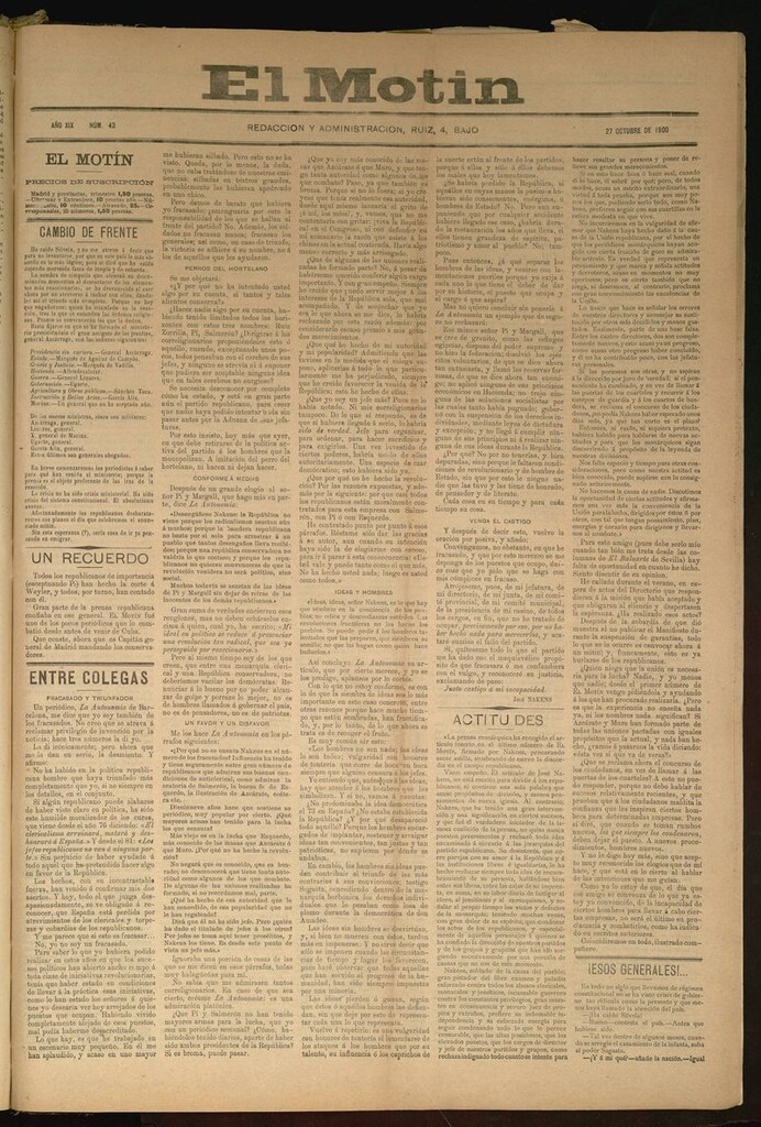 Miniatura de El Motín: periódico satírico semanal del 27 de Octubre de 1900