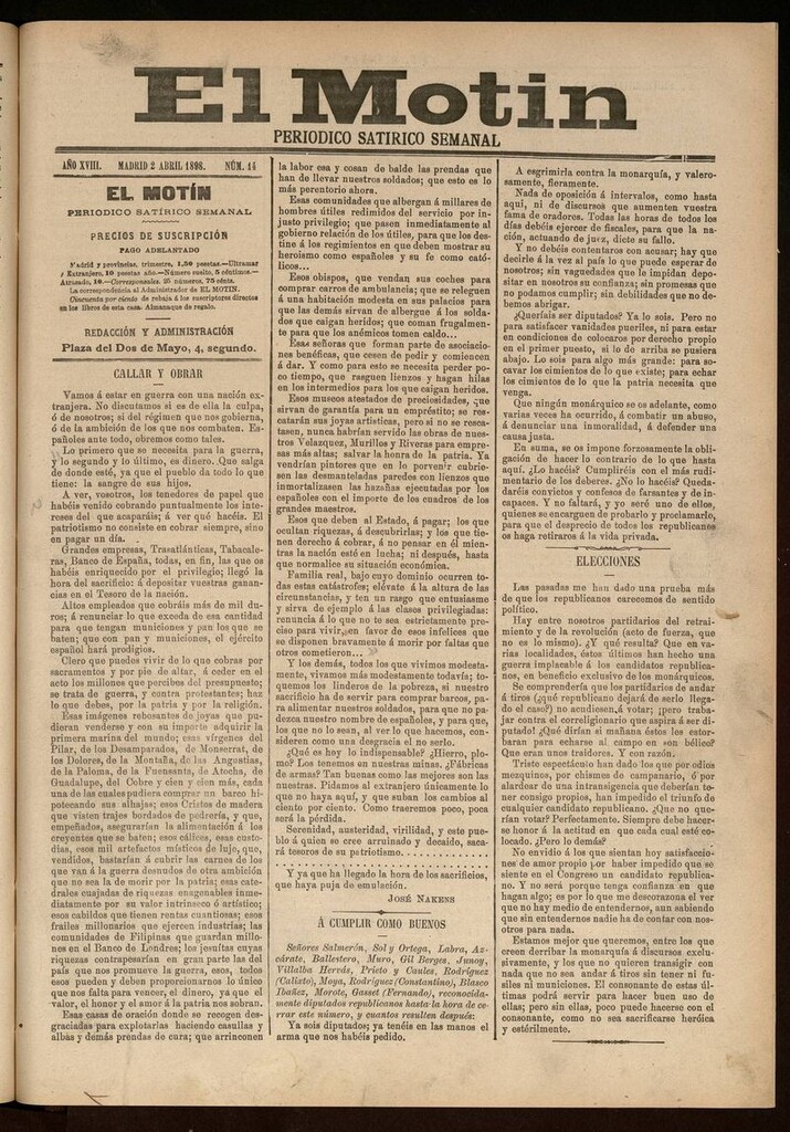 Miniatura de El Motín: periódico satírico semanal 2 de Abril de 1898