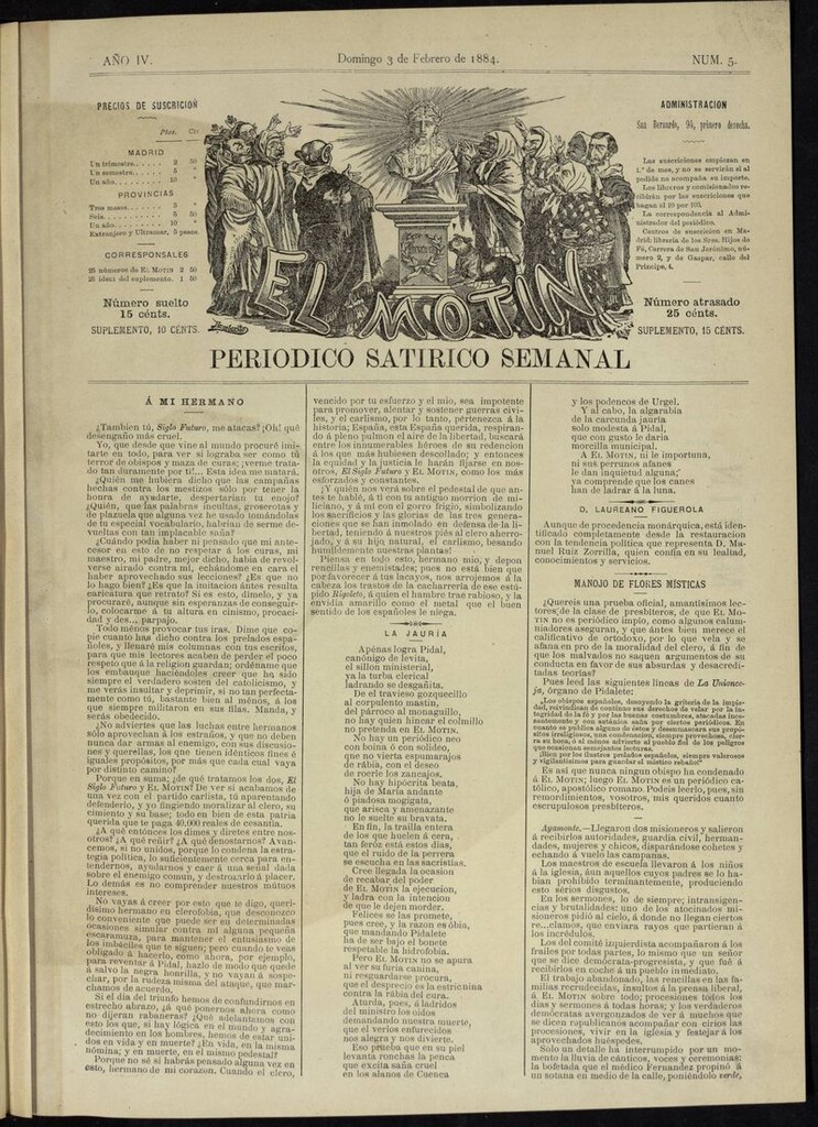 Miniatura de El Motín: periódico satírico semanal del domingo 3 de febrero de 1884