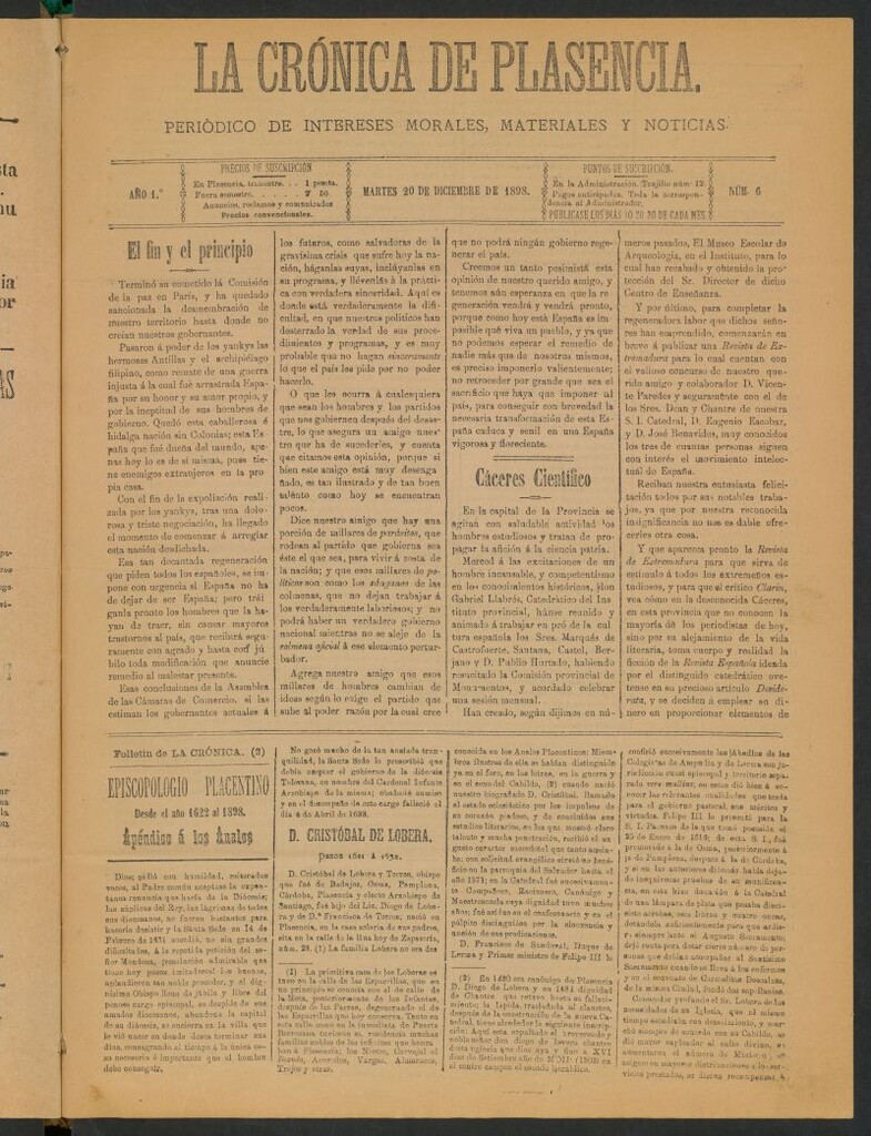 Miniatura de La Crónica de Plasencia : periódico de intereses morales, materiales y noticias 20 de diciembre de 1898
