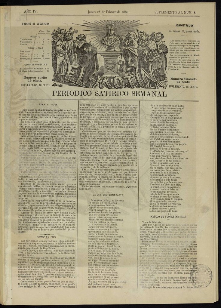 Miniatura de El Motín: periódico satírico semanal del jueves 28 de febrero de 1884