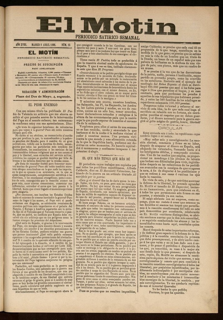 Miniatura de El Motín: periódico satírico semanal 9 de Abril de 1898