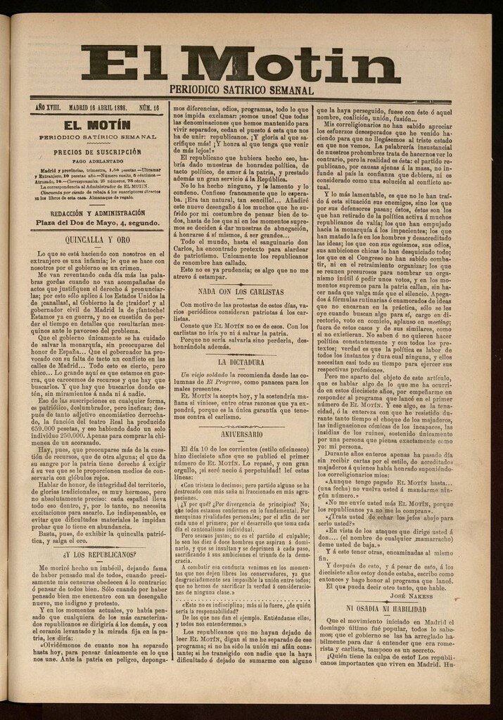 Miniatura de El Motín: periódico satírico semanal 16 de Abril de 1898