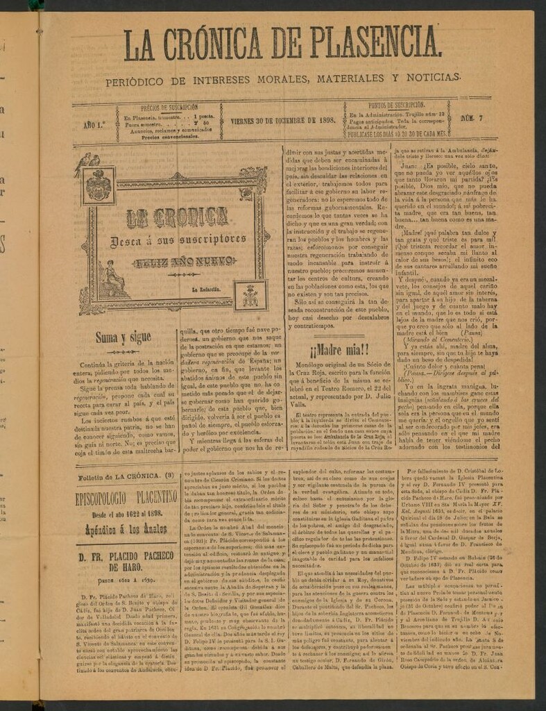 Miniatura de La Crónica de Plasencia : periódico de intereses morales, materiales y noticias del 30 de diciembre de 1898