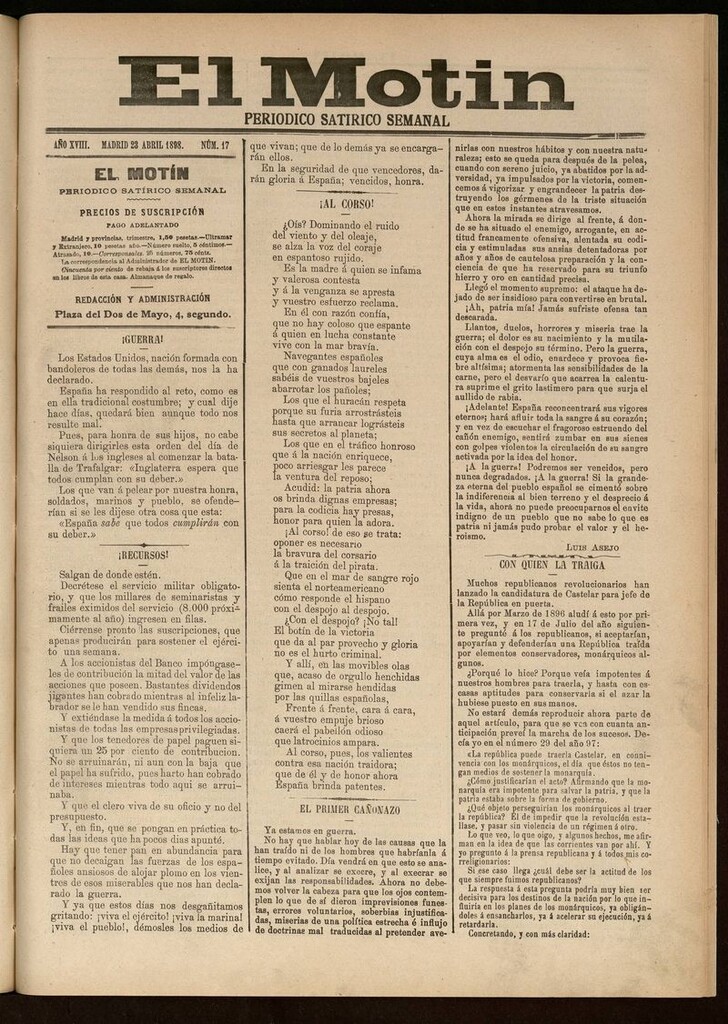 Miniatura de El Motín: periódico satírico semanal 23 de Abril de 1898