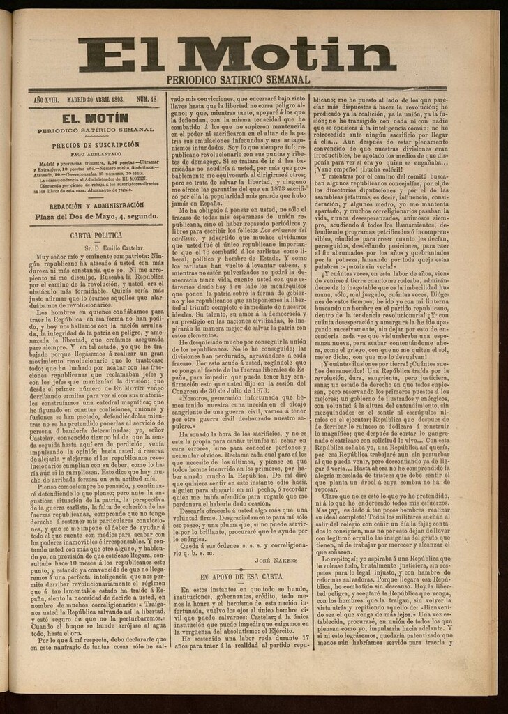 Miniatura de El Motín: periódico satírico semanal 30 de Abril de 1898