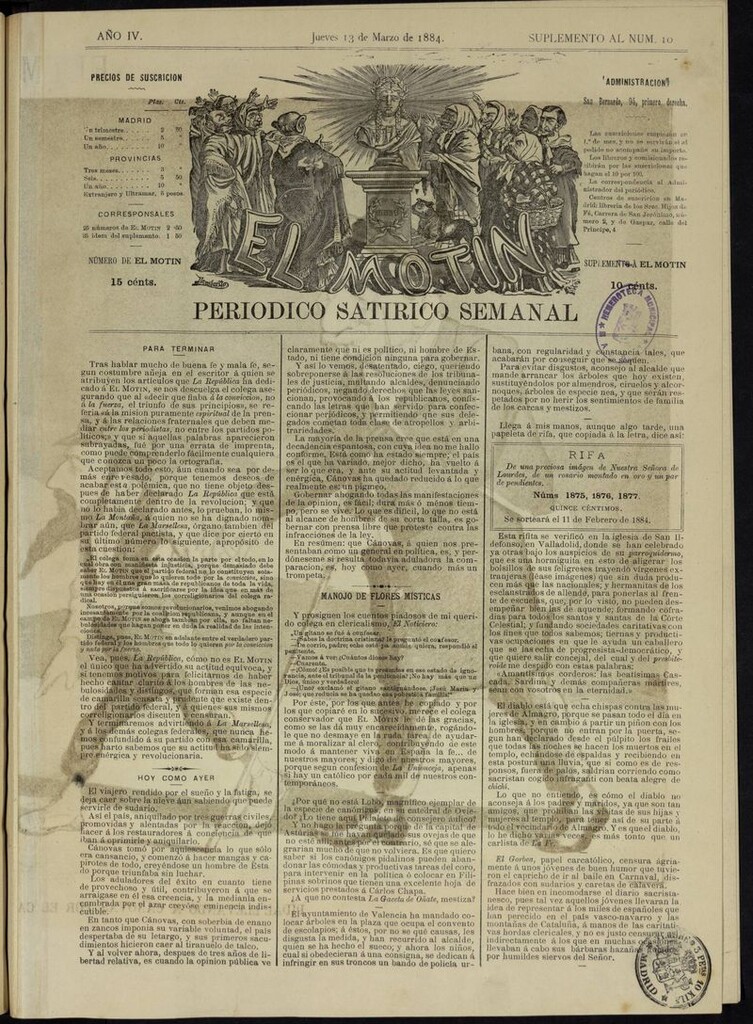 Miniatura de El Motín: periódico satírico semanal del jueves 13 de marzo de 1884