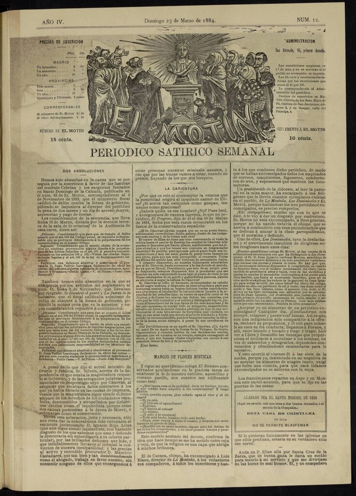 Miniatura de El Motín: periódico satírico semanal del domingo 23 de marzo de 1884