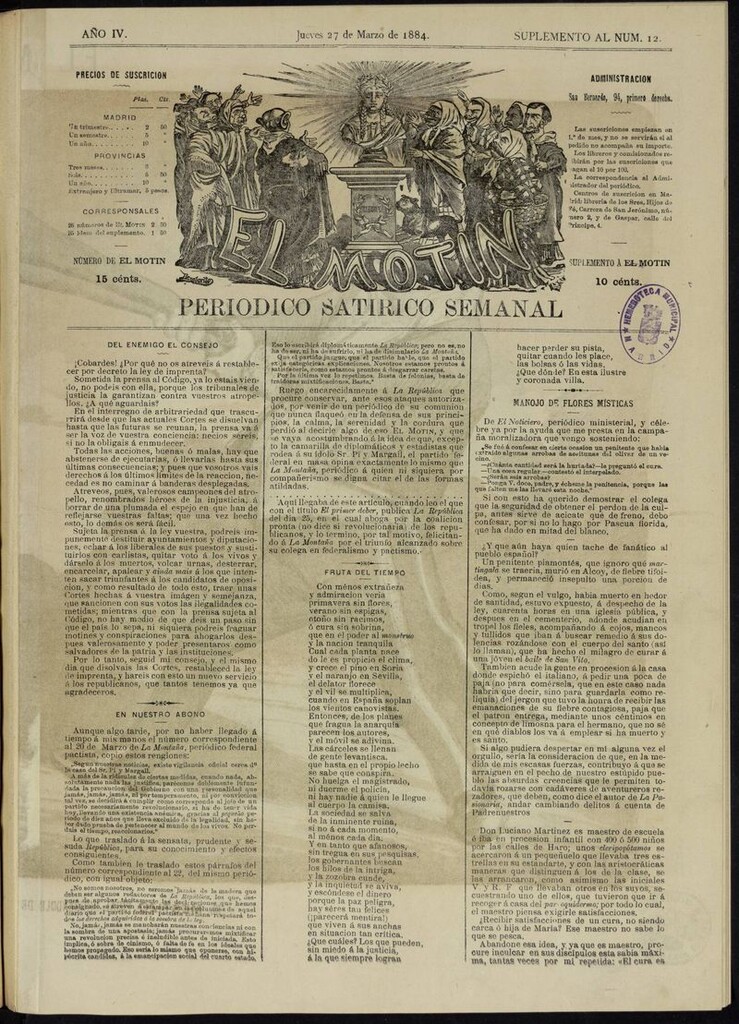 Miniatura de El Motín: periódico satírico semanal del jueves 27 de marzo de 1884