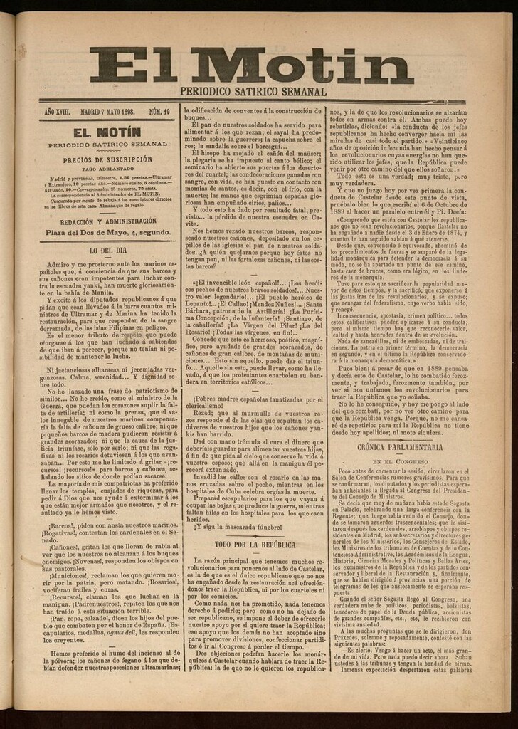 Miniatura de El Motín: periódico satírico semanal 7 de Mayo de 1898