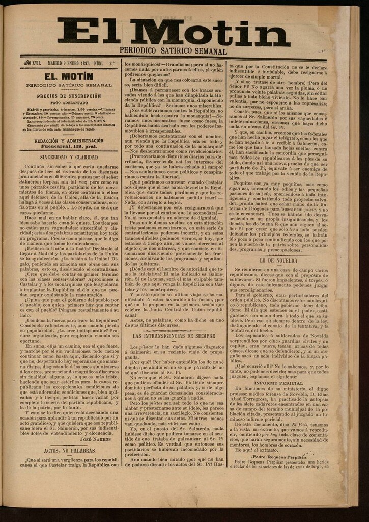 Miniatura de El Motín: periódico satírico semanal del 9 de Enero de 1897