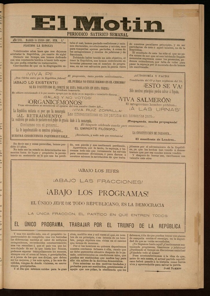 Miniatura de El Motín: periódico satírico semanal del 16 de Enero de 1897