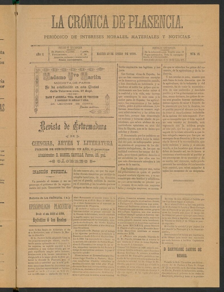 Miniatura de La Crónica de Plasencia : periódico de intereses morales, materiales y noticias del 20 de enero de 1899