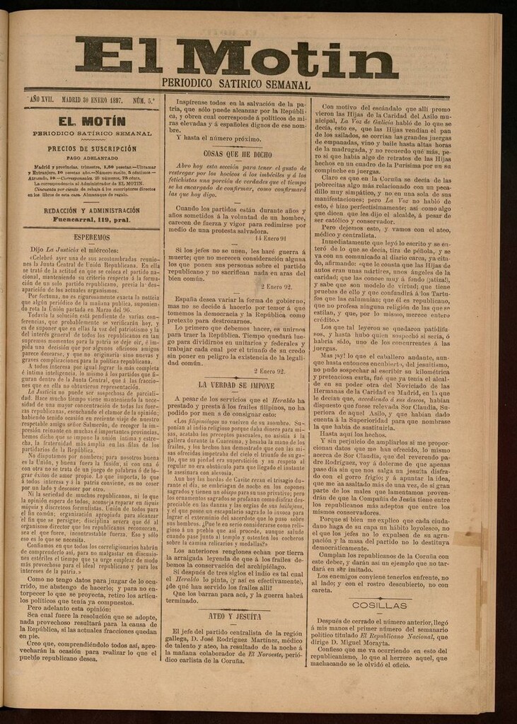 Miniatura de El Motín: periódico satírico semanal del 30 de Enero de 1897