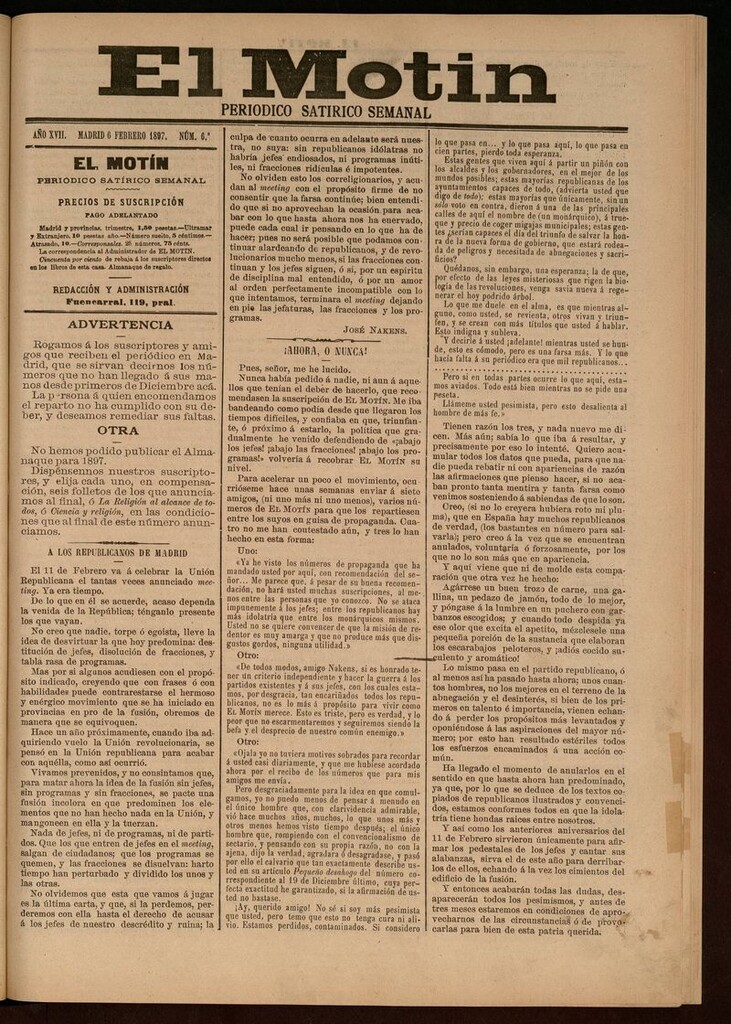 Miniatura de El Motín: periódico satírico semanal del 6 de Febrero de 1897