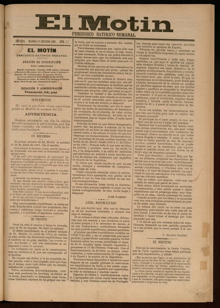Miniatura de El Motín: periódico satírico semanal del 13 de Febrero de 1897