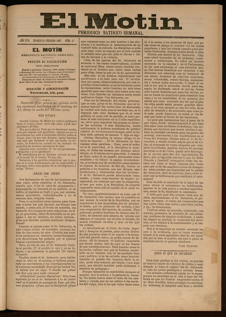 Miniatura de El Motín: periódico satírico semanal del 20 de Febrero de 1897