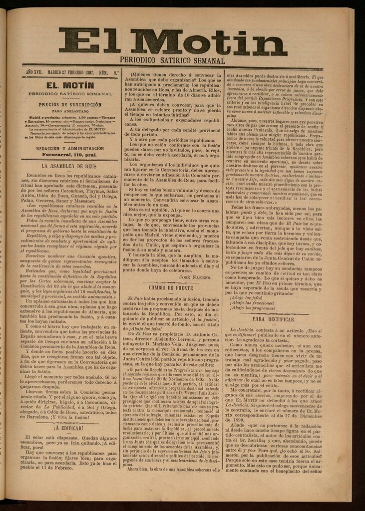 Miniatura de El Motín: periódico satírico semanal del 27 de Febrero de 1897