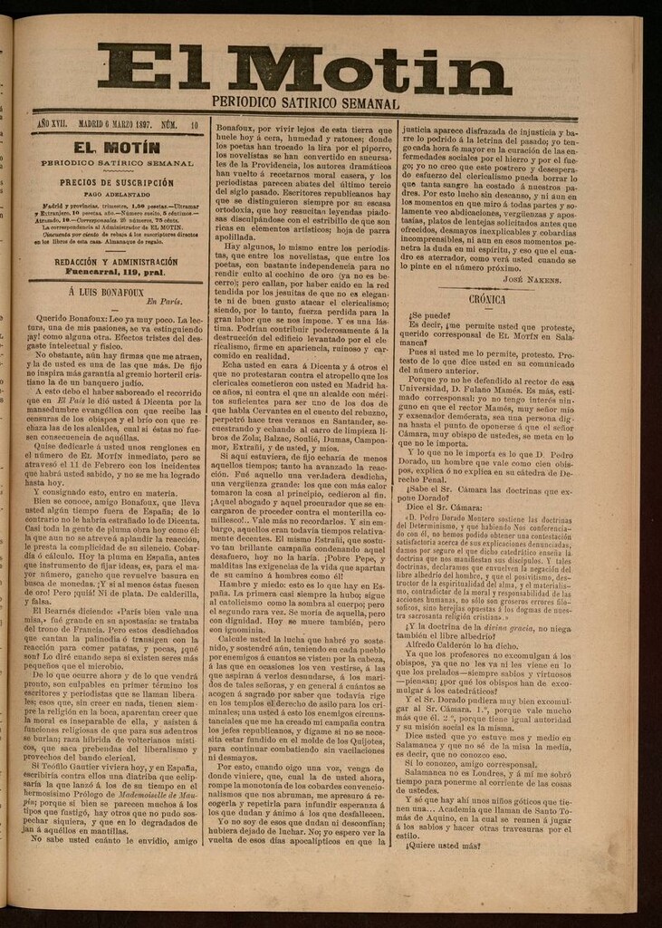 Miniatura de El Motín: periódico satírico semanal del 6 de Marzo de 1897