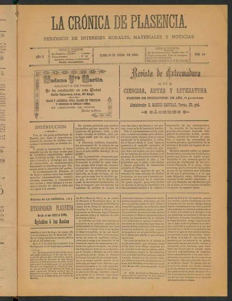 Miniatura de La Crónica de Plasencia : periódico de intereses morales, materiales y noticias del 30 de enero de 1899