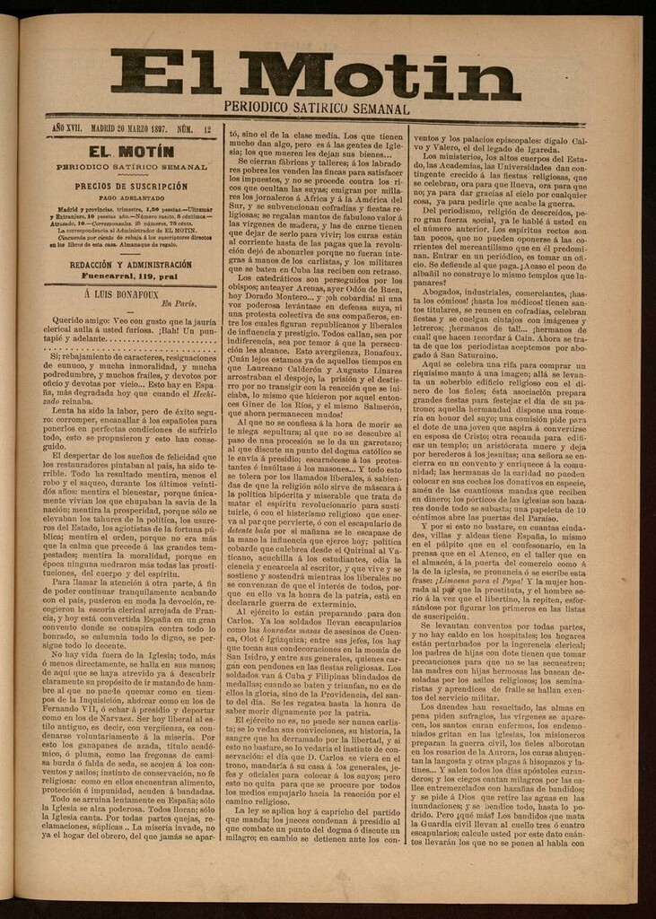 Miniatura de El Motín: periódico satírico semanal del 20 de Marzo de 1897